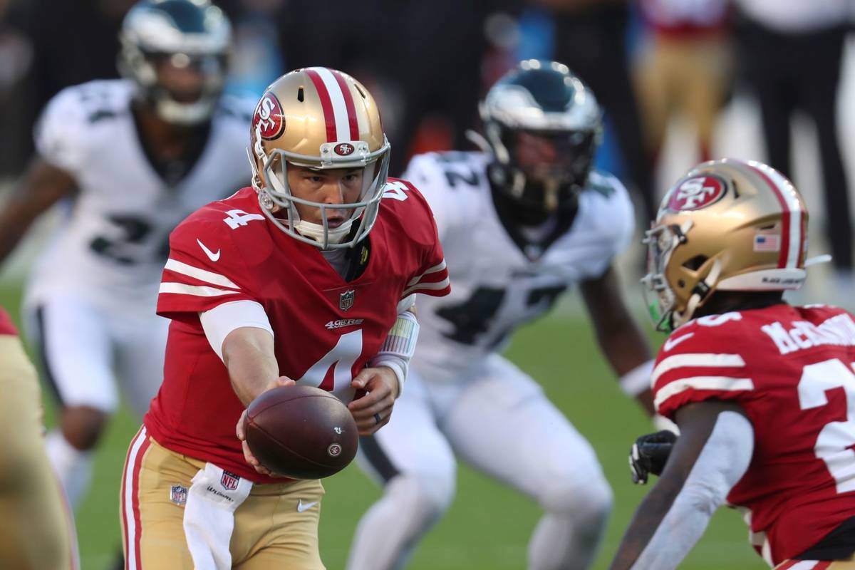 San Francisco 49ers quarterback Nick Mullens (4) drops back against the Philadelphia Eagles dur ...