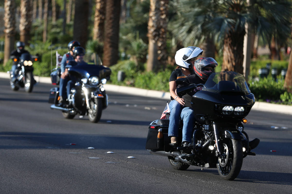 Motorcyclists participate in the Country Strong Foundation Route 91 Memorial Ride on the Strip ...
