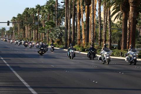 Motorcyclists participate in the Country Strong Foundation Route 91 Memorial Ride on the Strip ...