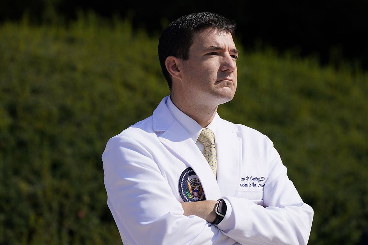 Dr. Sean Conley, physician to President Donald Trump, briefs reporters at Walter Reed National ...