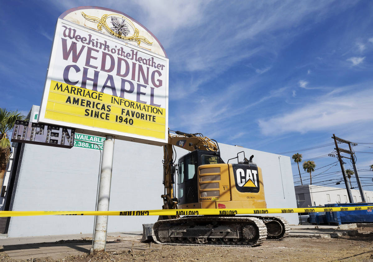 The Wee Kirk Wedding Chapel is seen demolished, in downtown Las Vegas on Monday, Oct. 5, 2020. ...