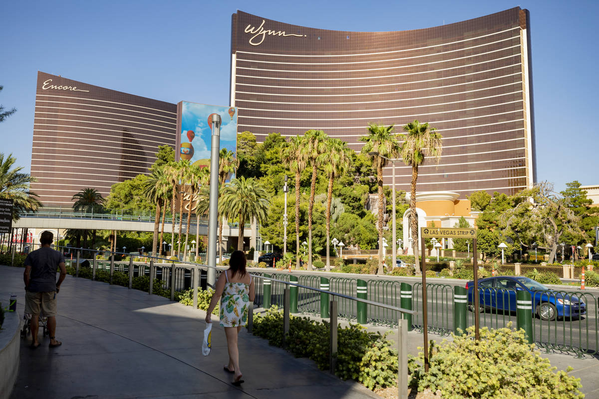 A view of the Wynn Las Vegas and Encore along the Las Vegas Strip on Thursday, Aug. 6, 2020, in ...