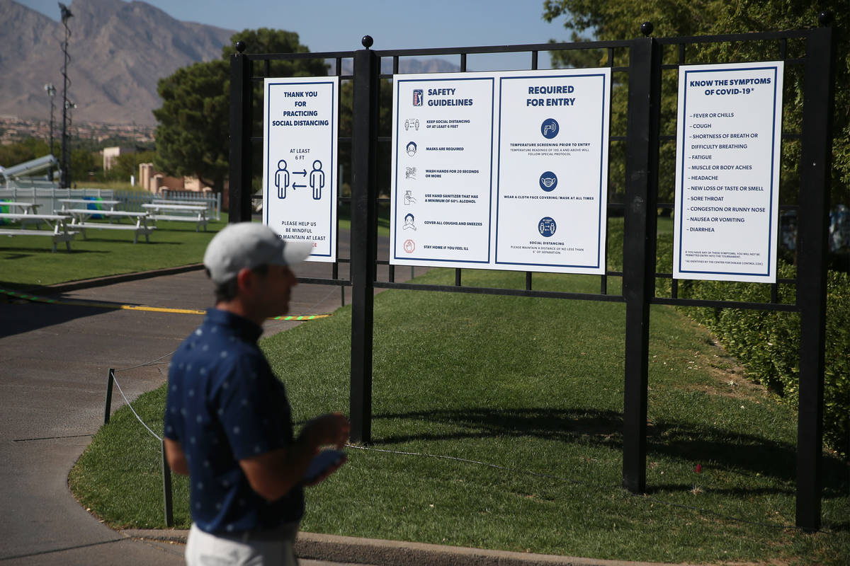 Safety guidelines are seen during the 2020 Shriners Hospitals for Children Open at TPC Summerli ...
