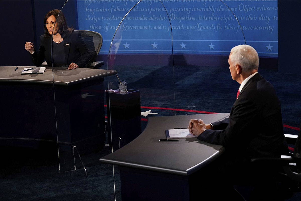 Democratic vice presidential candidate Sen. Kamala Harris, D-Calif., answers a question as Vice ...