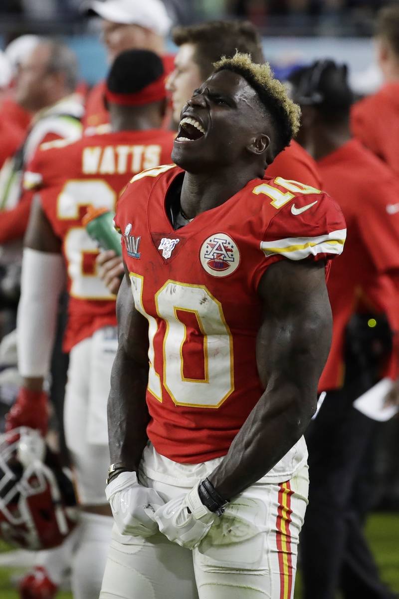 Kansas City Chiefs' Tyreek Hill (10) celebrates during the second half of the NFL Super Bowl 54 ...