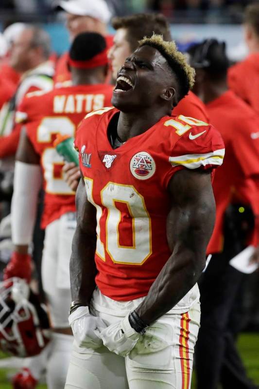 Kansas City Chiefs' Tyreek Hill (10) celebrates during the second half of the NFL Super Bowl 54 ...