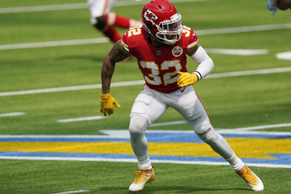 Kansas City Chiefs free safety Tyrann Mathieu in action against the Los Angeles Chargers during ...