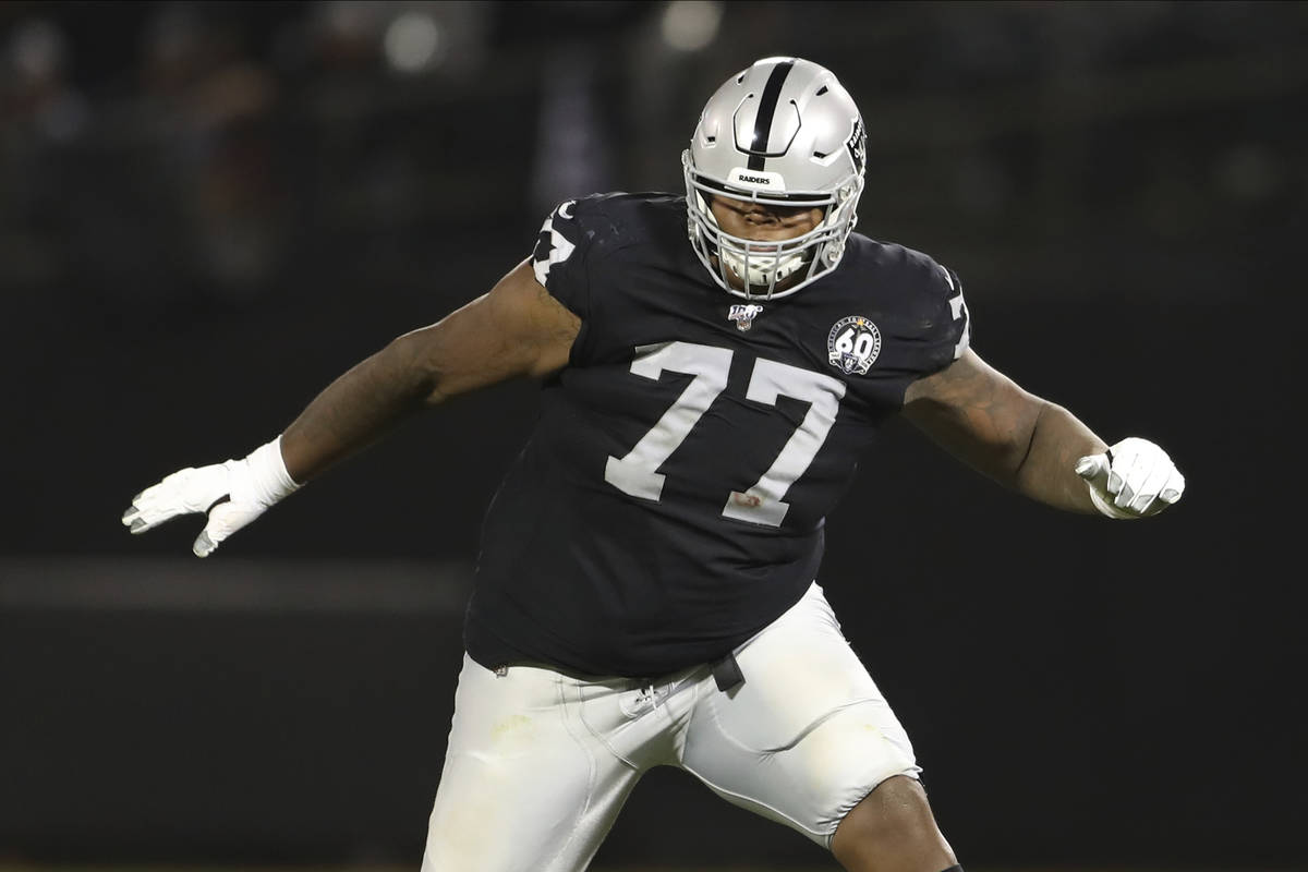 FILE - In this Sept. 9, 2019, file photo, Oakland Raiders offensive tackle Trent Brown (77) pro ...