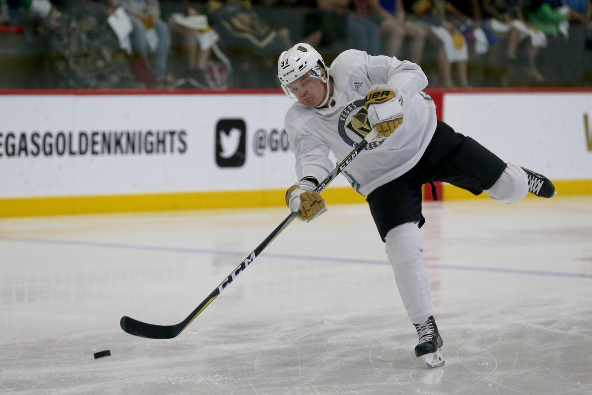 Vegas Golden Knights defender Reid Duke shoots during the first day of development camp at City ...
