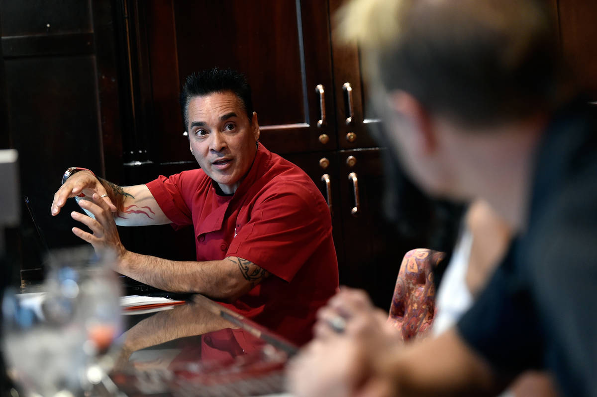 Chef Beni Velazquez speaks with customers at a restaurant at Lake Las Vegas Friday, Sept. 2, 20 ...