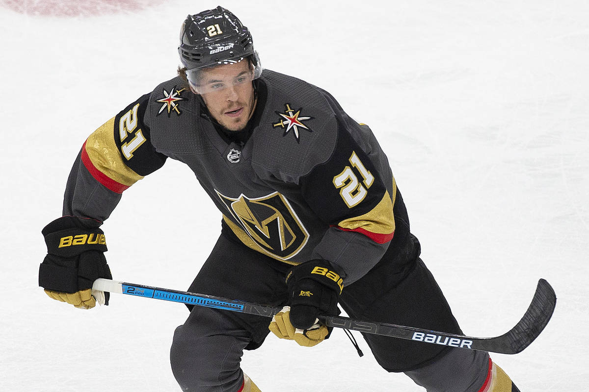 Vegas Golden Knights center Nick Cousins (21) skates up ice in the first period of an NHL hocke ...