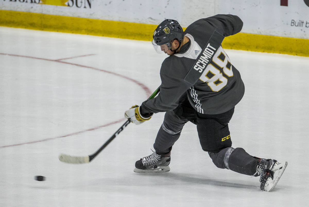 Vegas Golden Knights defenseman Nate Schmidt (88) shoots on the goal during practice at the Cit ...