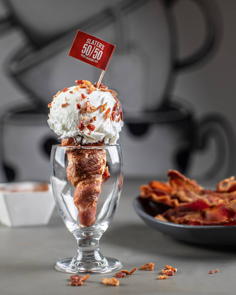 Bacon ice cream in a bacon cone, at Slater's 50/50 on Silverado Ranch Boulevard in Las Vegas. ( ...