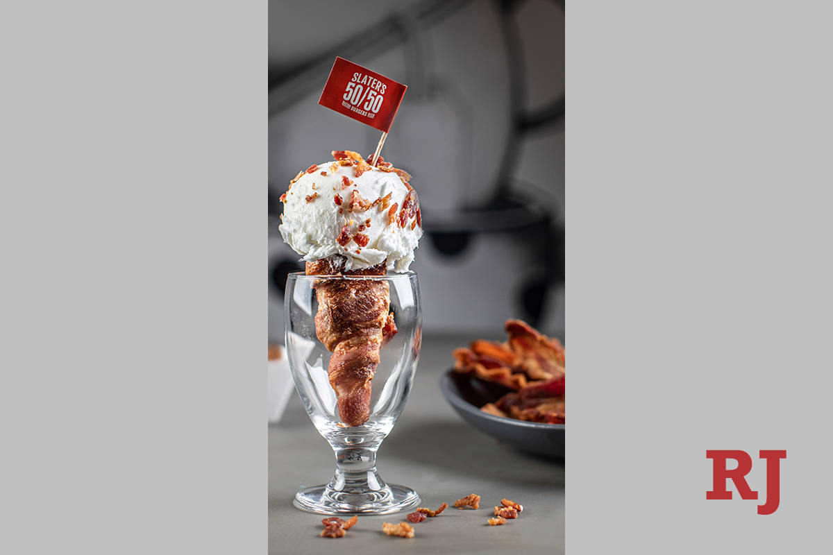 Bacon ice cream in a bacon-wrapped waffle cone at Slater's 50/50 on Silverado Ranch Boulevard i ...