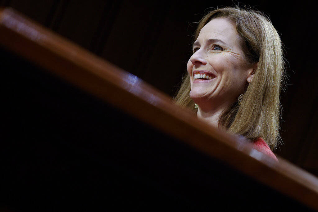 Supreme Court nominee Amy Coney Barrett speaks during the second day of her confirmation hearin ...