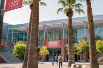 Students are seen outside of the Student Union at UNLV in Las Vegas on Thursday morning, Aug. 2 ...