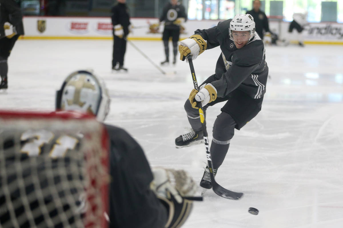 Vegas Golden Knights Peter Diliberatore (49) takes a shot during development camp at City Natio ...
