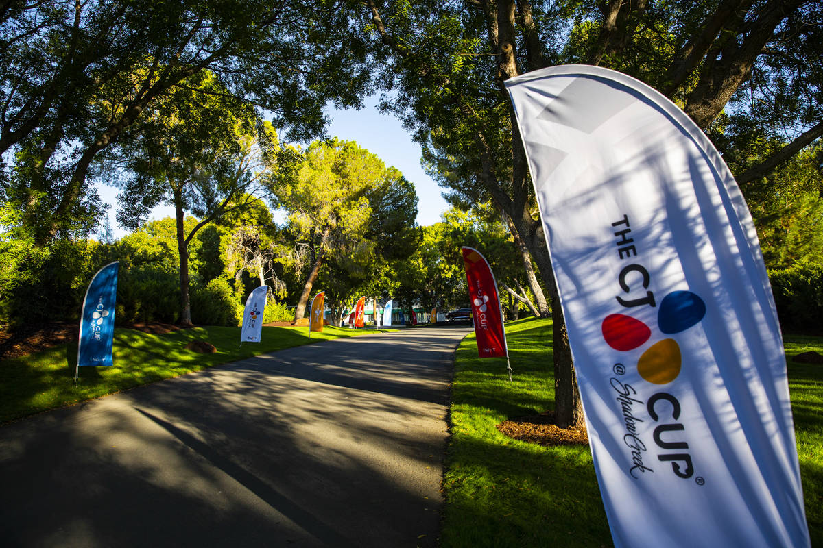 Signage for the CJ Cup at the Shadow Creek Golf Course is seen in North Las Vegas on Wednesday, ...