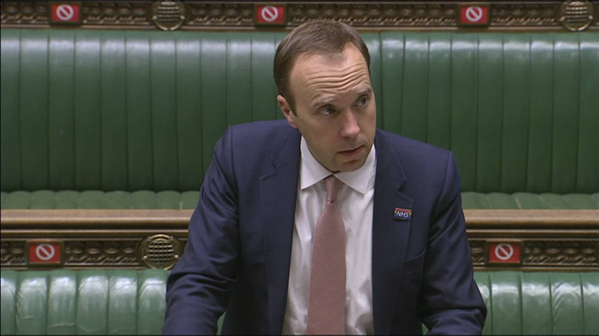 In this image from video, Britain's Health Secretary Matt Hancock delivers a statement on COVID ...