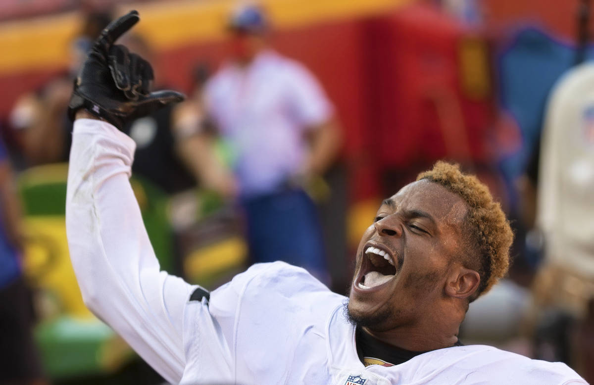 Las Vegas Raiders strong safety Johnathan Abram (24) celebrates after defeating the Kansas City ...