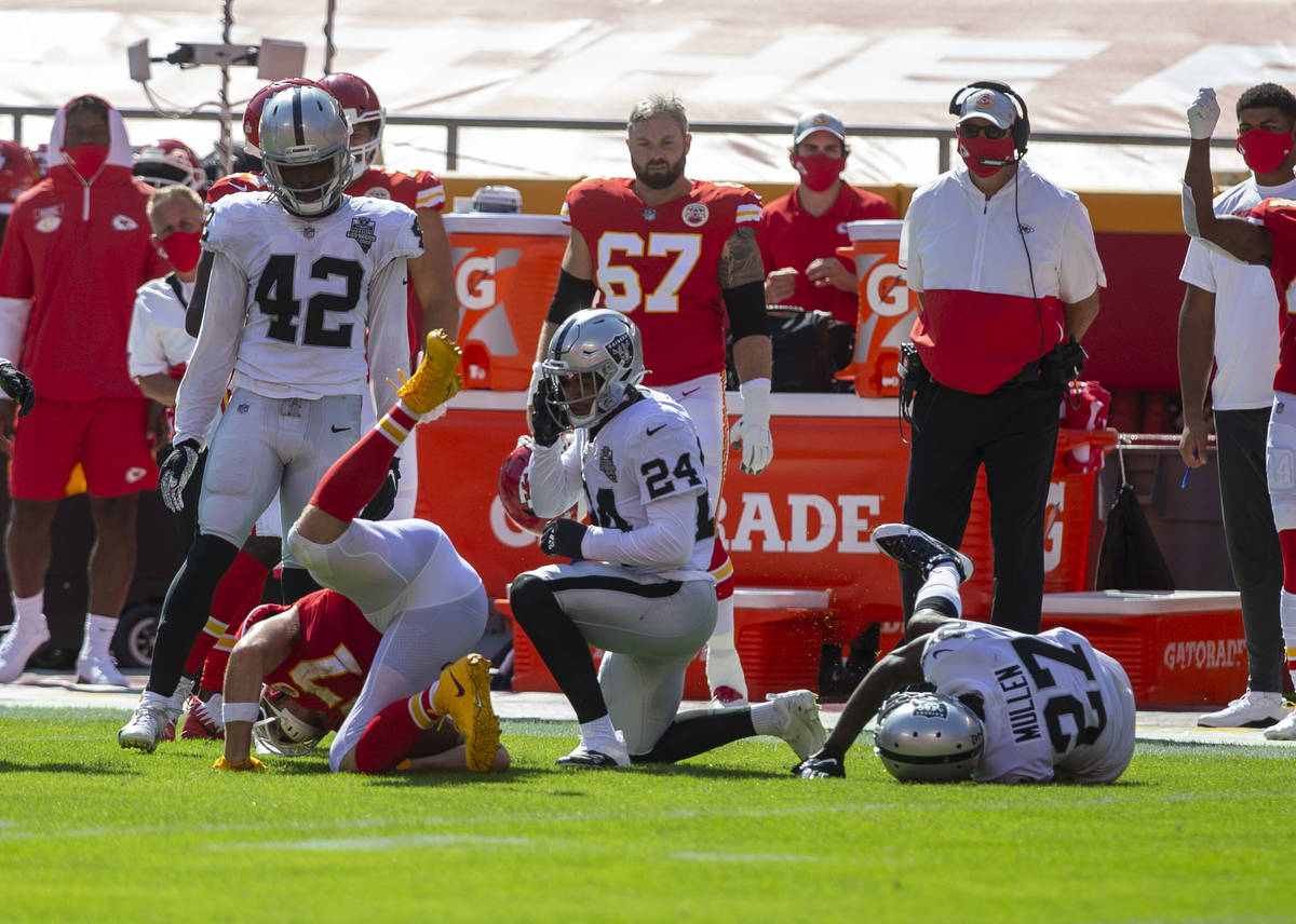 Las Vegas Raiders strong safety Johnathan Abram (24) looks on after tackling Kansas City Chiefs ...