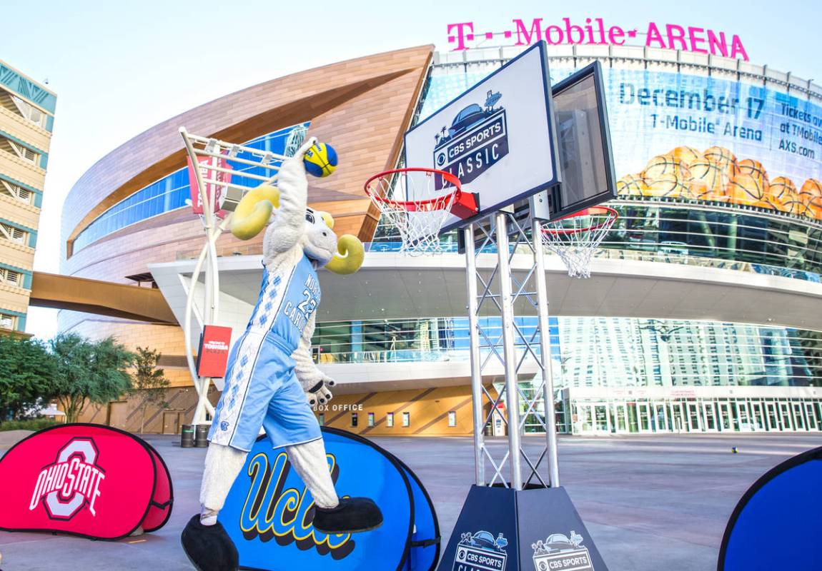 North Carolina mascot Rameses goes up for a dunk on Tuesday, Oct. 11, 2016, outside T-Mobile Ar ...