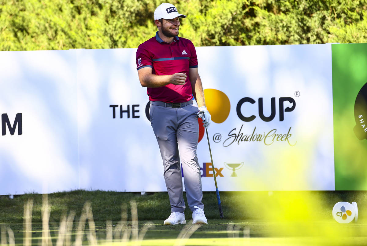 Tyrrell Hatton reacts after his tee shot at the fifth hole during the first round of the CJ Cup ...