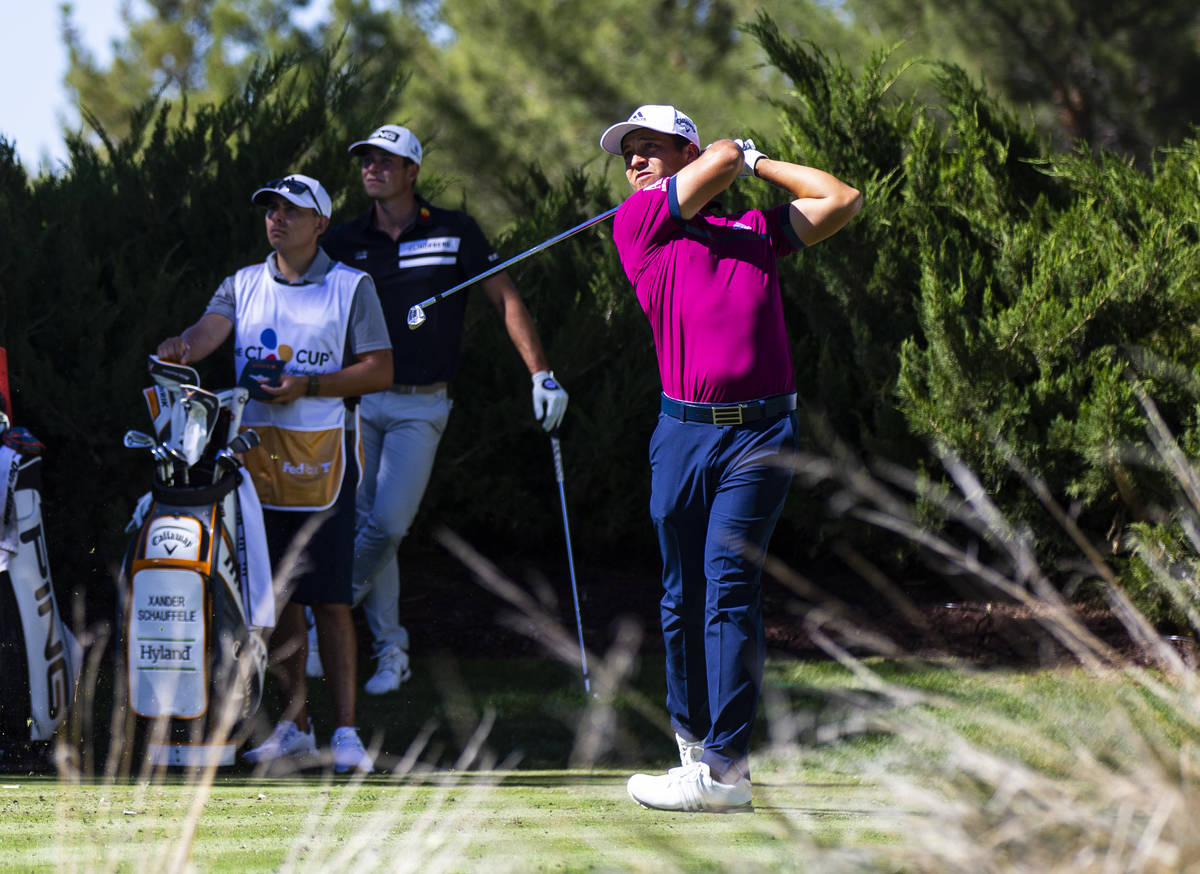 Xander Schauffele tees off at the fifth hole during the first round of the CJ Cup at the Shadow ...