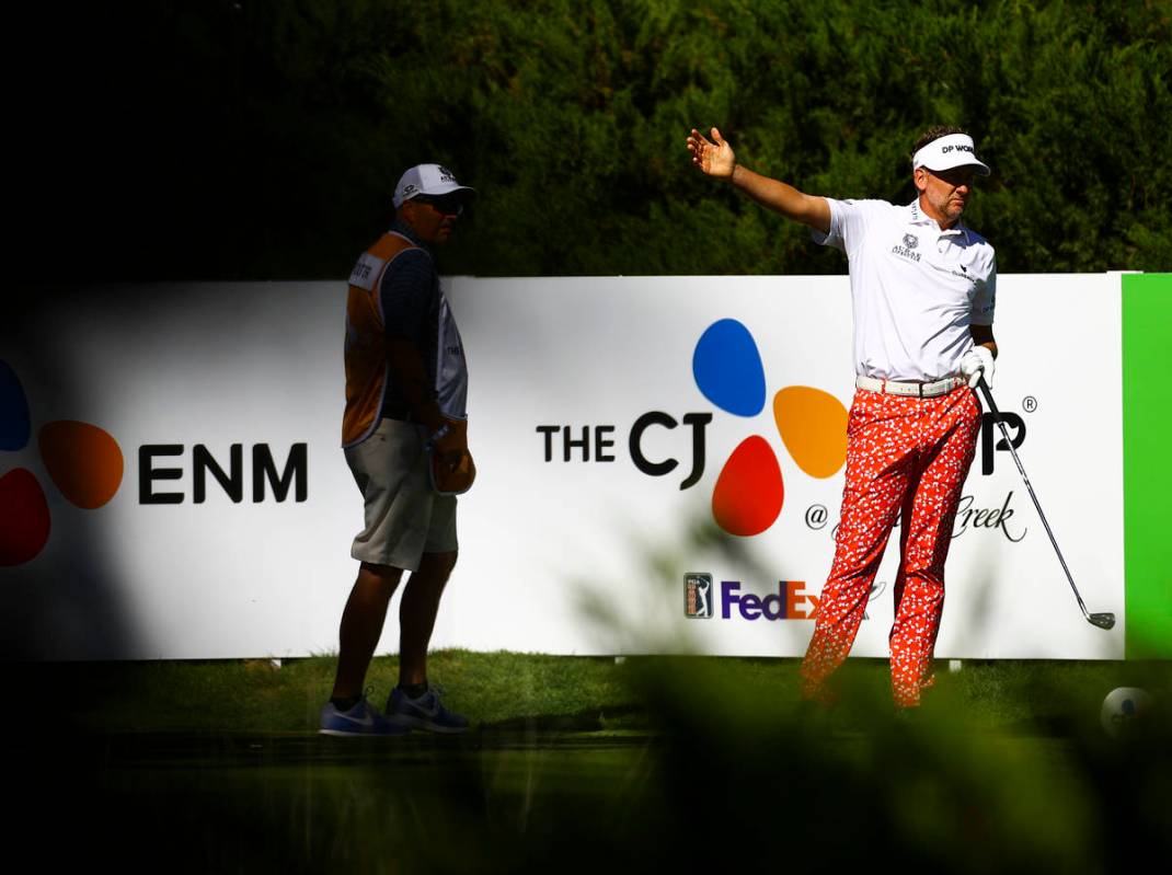 Ian Poulter reacts after his tee shot at the fifth hole during the first round of the CJ Cup at ...
