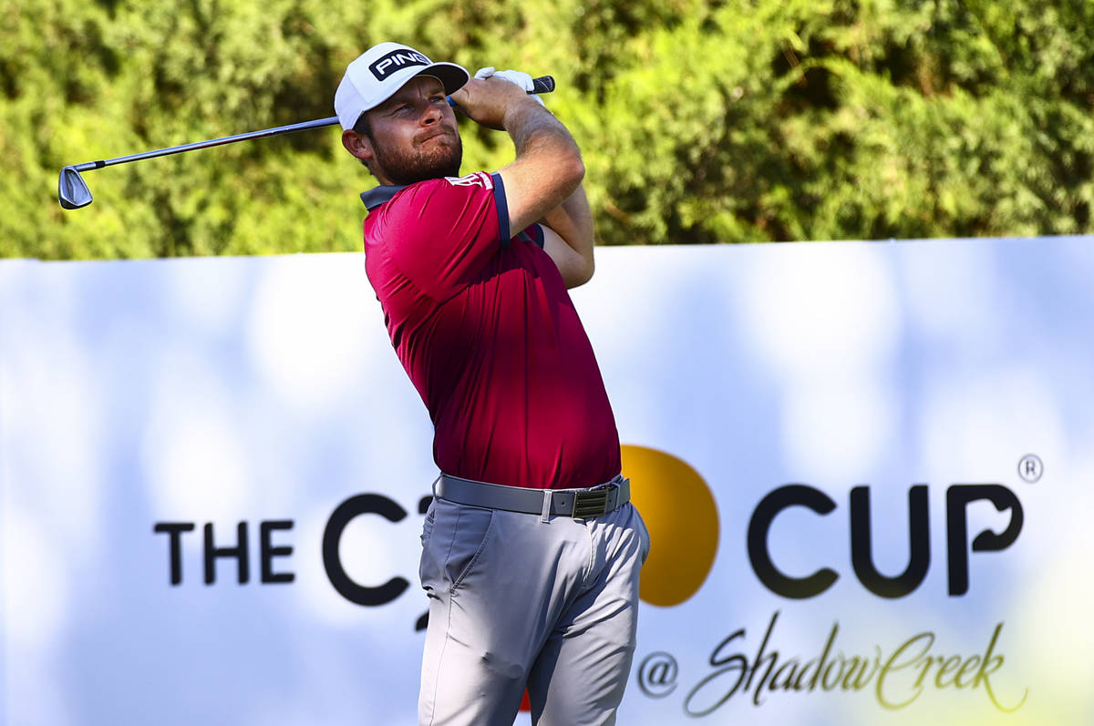 Tyrrell Hatton watches his tee shot at the fifth hole during the first round of the CJ Cup at t ...