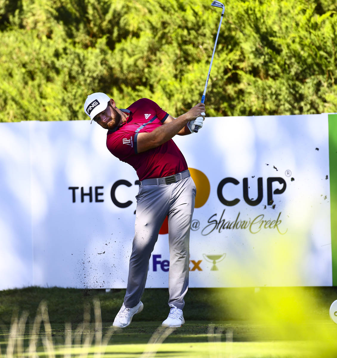 Tyrrell Hatton tees off at the fifth hole during the first round of the CJ Cup at the Shadow Cr ...