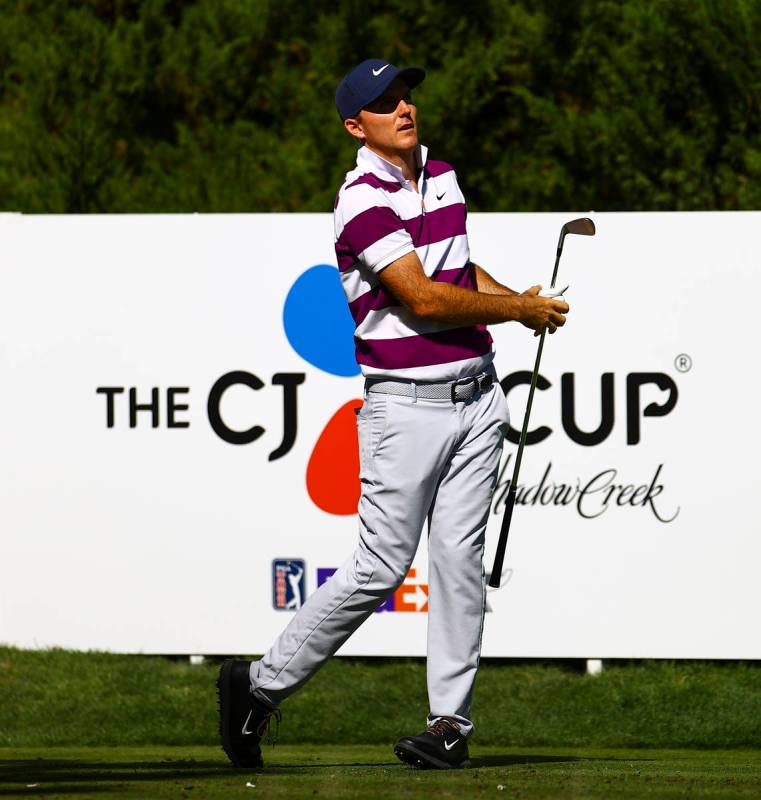 Russell Henley watches his tee shot at the fifth hole during the first round of the CJ Cup at t ...