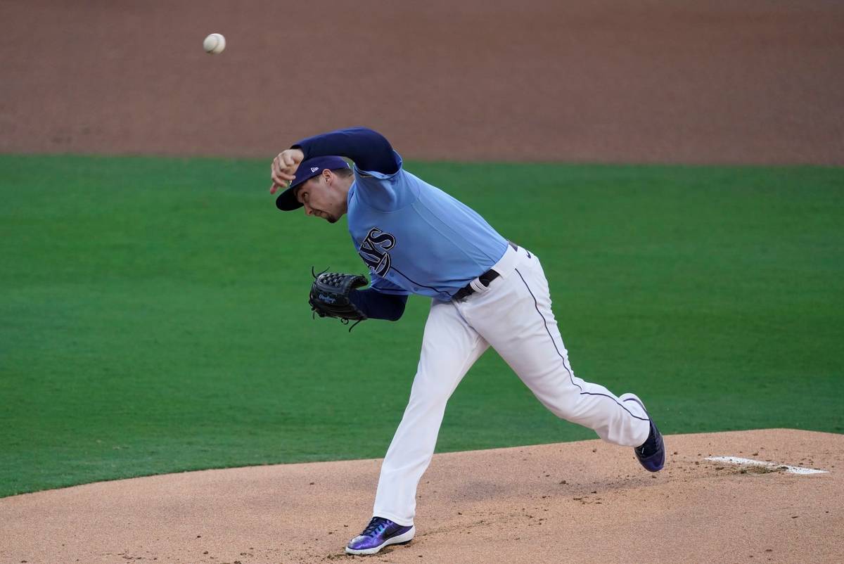 Tampa Bay Rays starting pitcher Blake Snell throws during the inning in Game 1 of a baseball Am ...