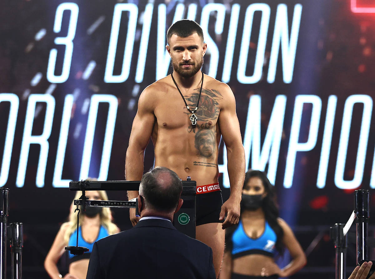 Vasiliy Lomachenko is shown at the weigh-in Friday, Oct. 16, 2020, at the MGM Grand in Las Vega ...