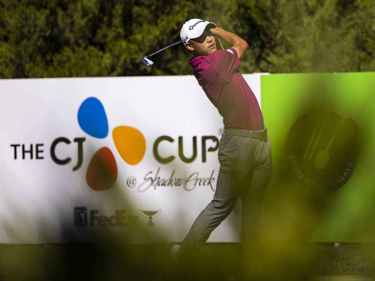 Collin Morikawa tees off at the fifth hole during the third round of the CJ Cup at the Shadow C ...