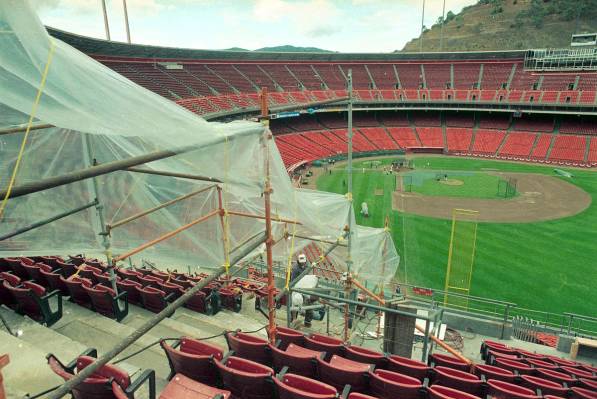 Repairs continue at Candlestick Park in San Francisco, October 22, 1989 as workmen patch the co ...