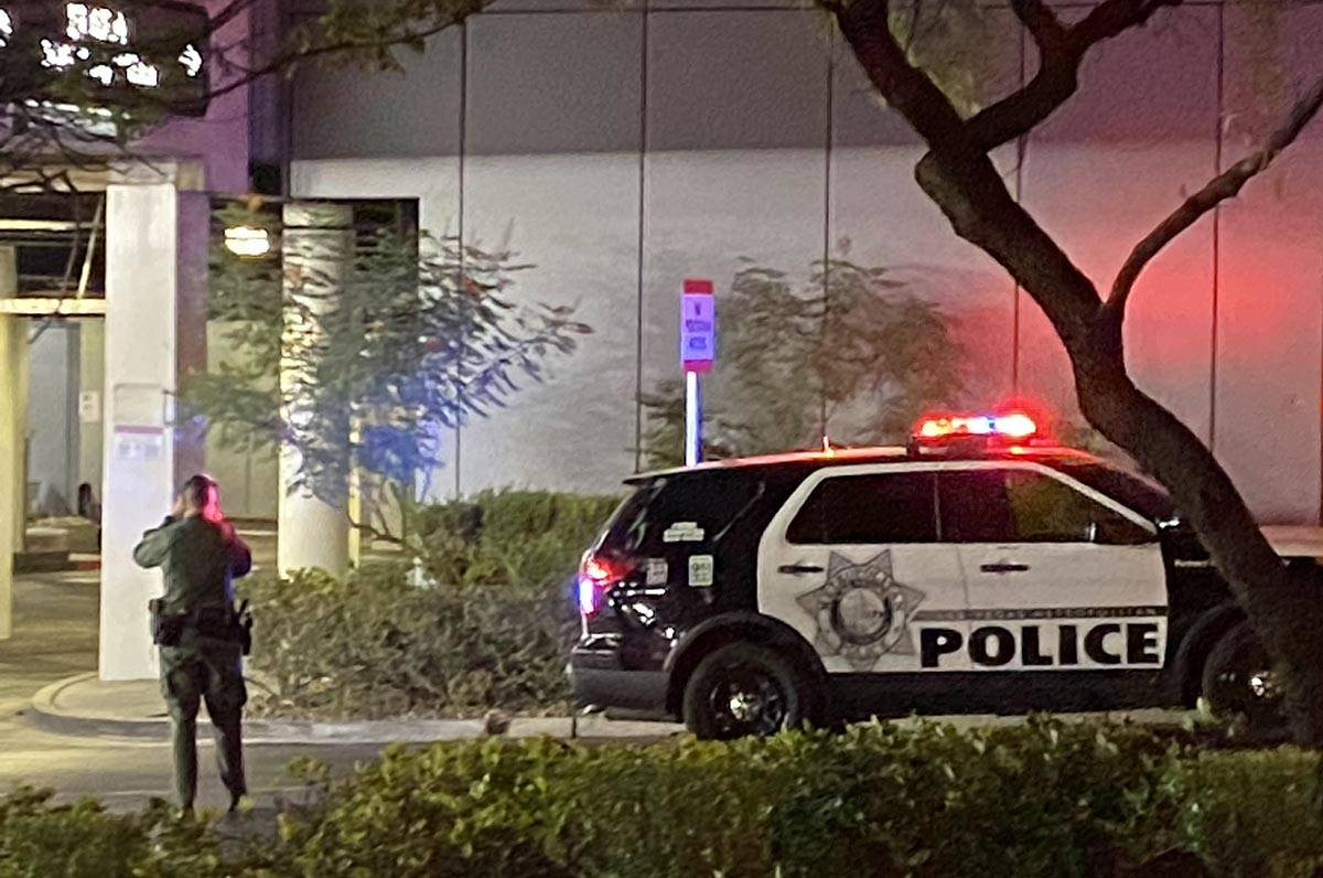 A Las Vegas police officer near the scene of a shooting on the Las Vegas Strip early Monday, Oc ...