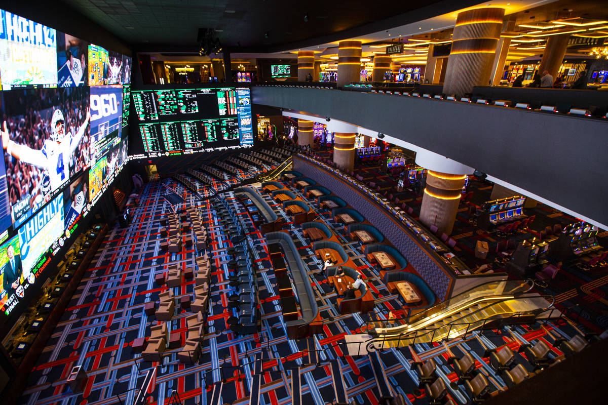 A view of the Circa Sportsbook from Victory Burger & Wings Co. during a tour of Circa, the ...