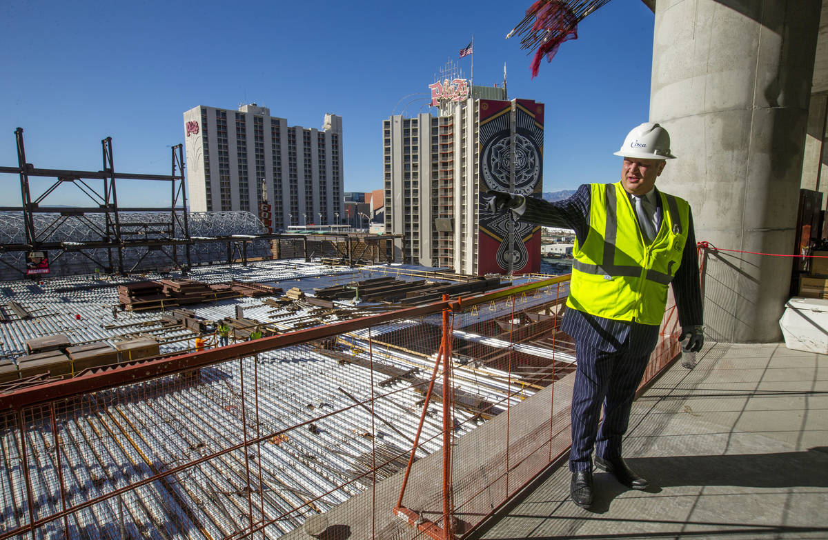 Developer Derek Stevens gives a tour of the pool area during a construction update of the Circa ...