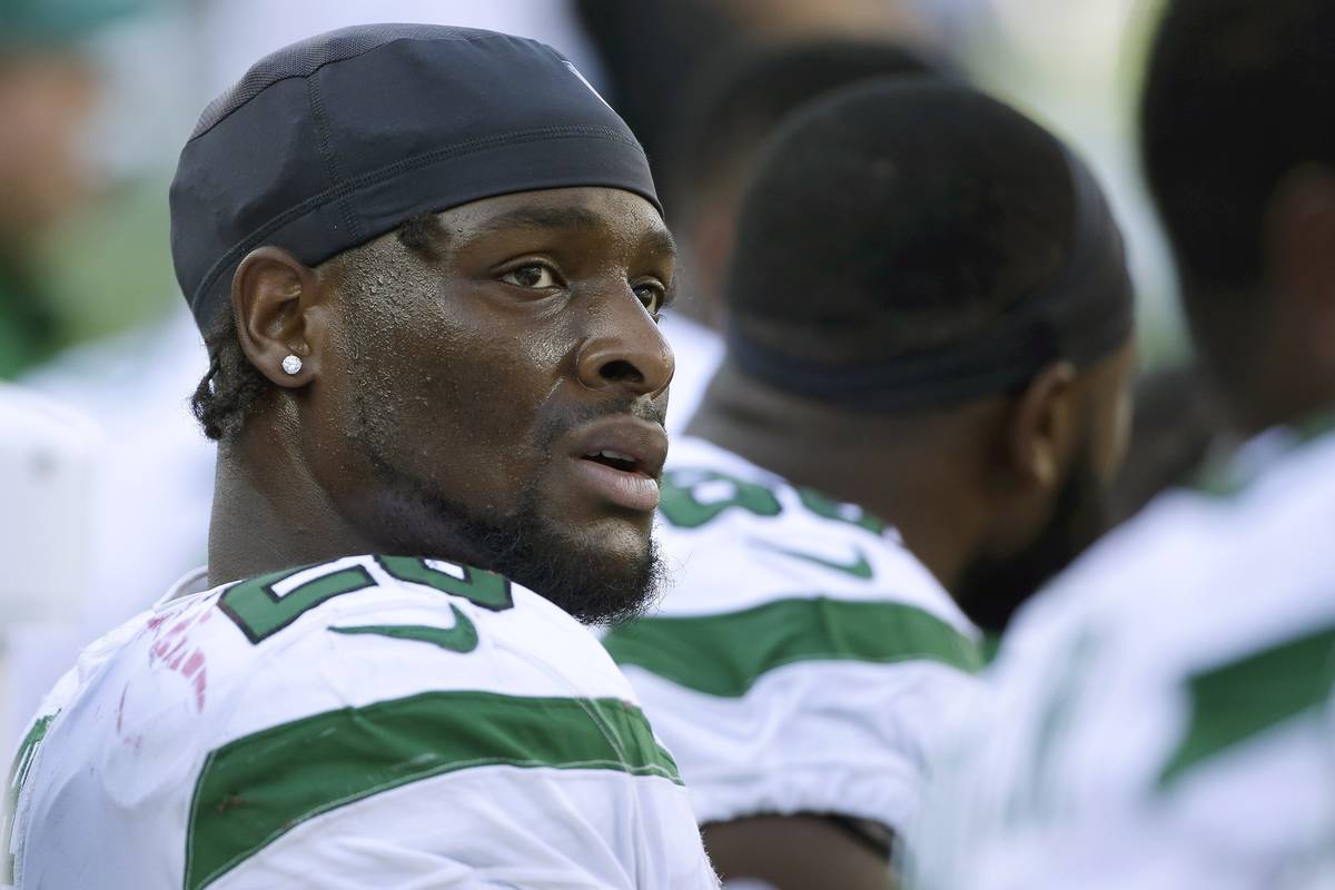 This Sept. 22, 2020, file photo shows New York Jets running back Le'Veon Bell watching from the ...