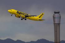 A Spirit Airlines aircraft takes off from McCarran International Airport in 2019 in Las Vegas. ...
