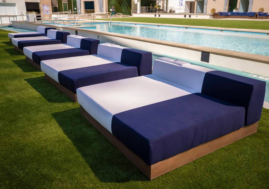Modern pool-side furniture at Stadium Swim on Monday, Oct. 19, 2020, at Circa, in Las Vegas. (B ...
