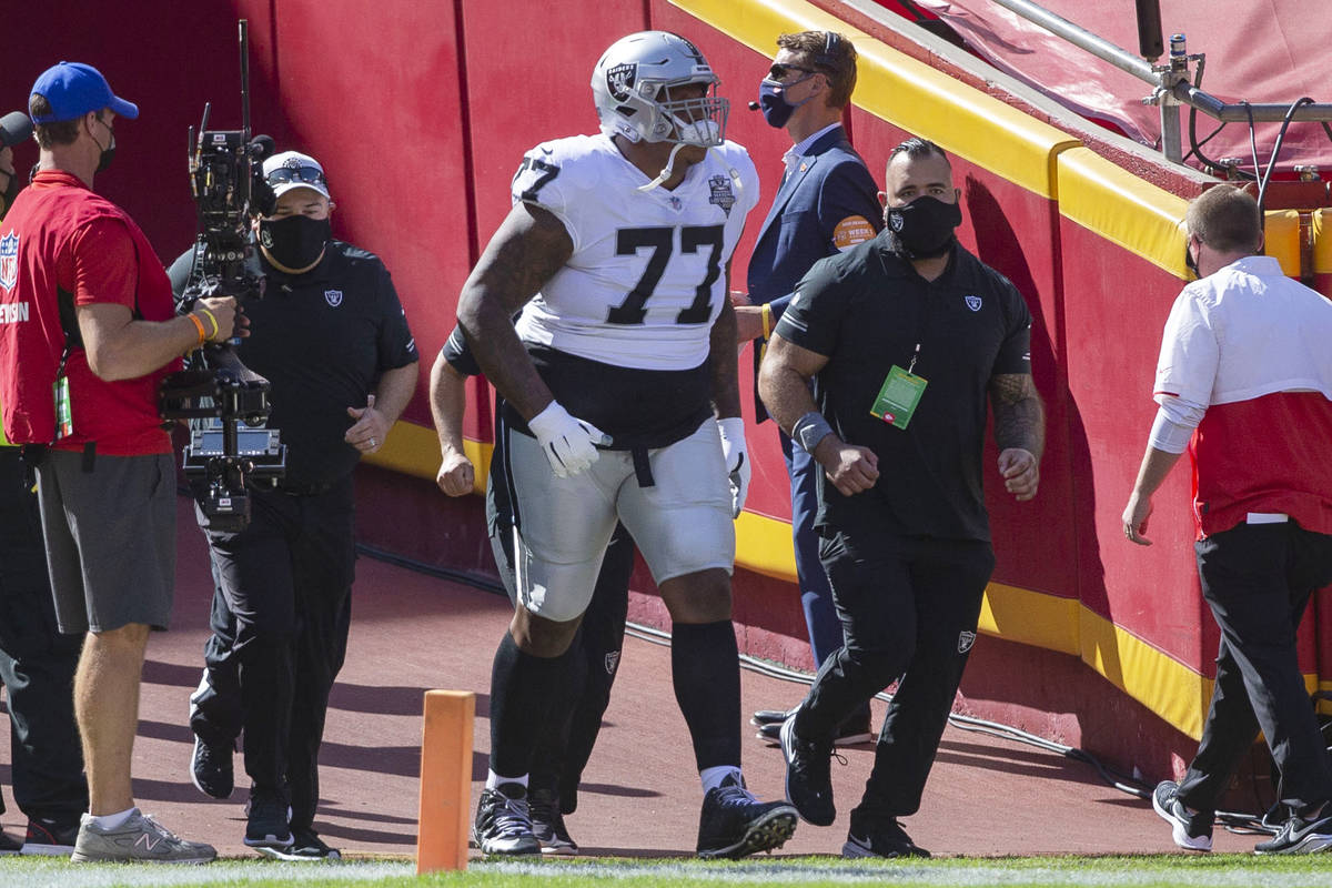 Las Vegas Raiders offensive tackle Trent Brown (77) takes the field before an NFL football game ...