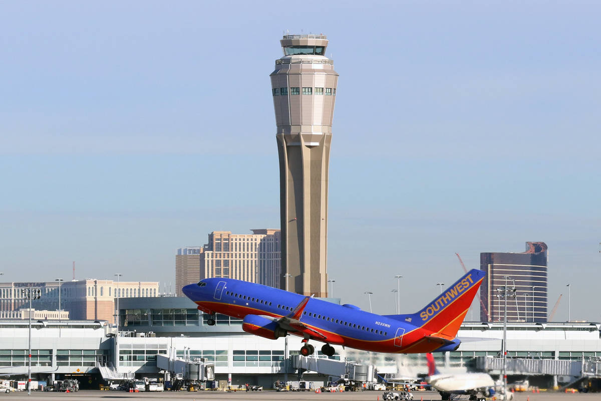 A Southwest Airlines plane takes off from McCarran International Airport in Las Vegas. (Bizuaye ...