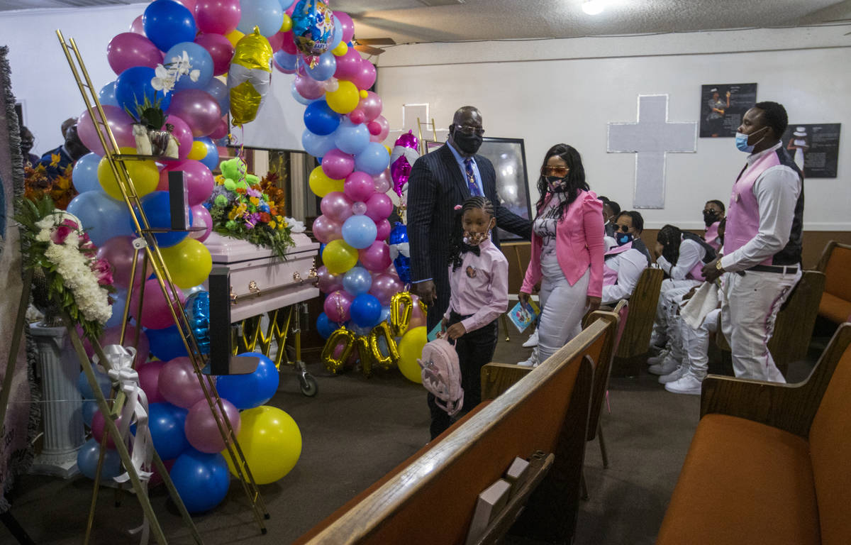 Family members arrive in the chapel for the funeral service for Sayah Deal at the Tried Stone B ...