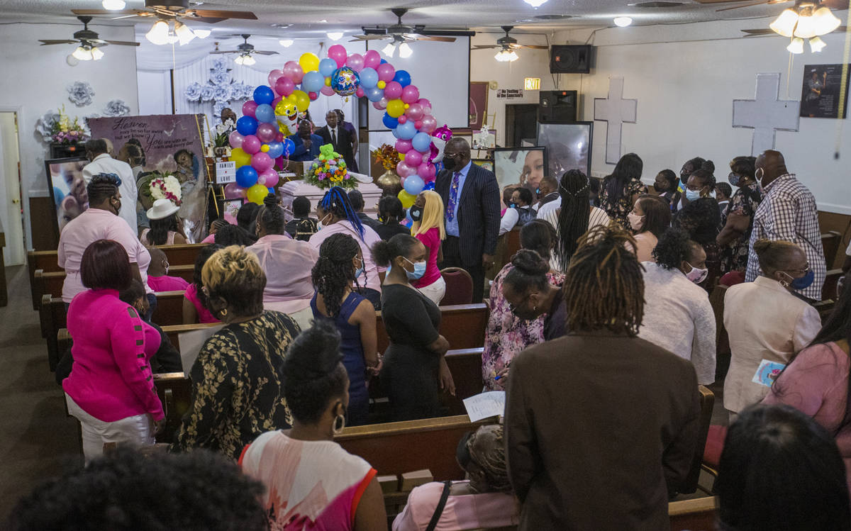 Family and friends gather inside the chapel for the funeral service for Sayah Deal at the Tried ...