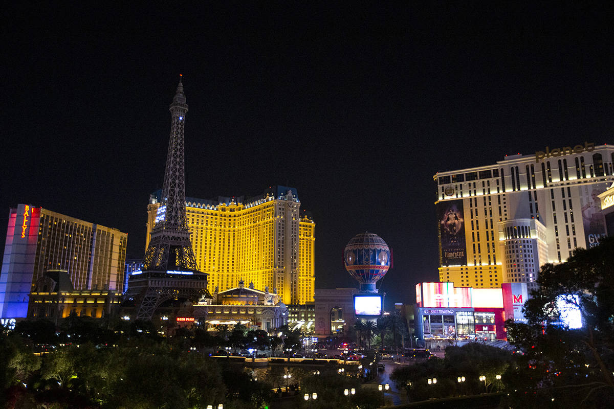 Some of the lights at Paris Las Vegas are dark during a power outage on Thursday, Oct. 22, 2020 ...