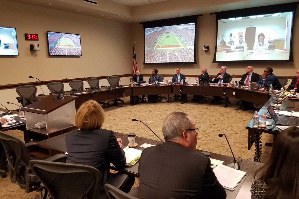 The Nevada Board of Regents watch a video in 2018 at the Nevada System of Higher Education buil ...