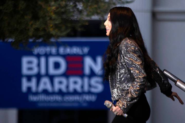 Cher walks onstage at a voter mobilization event at The Gramercy Residences courtyard on Saturd ...