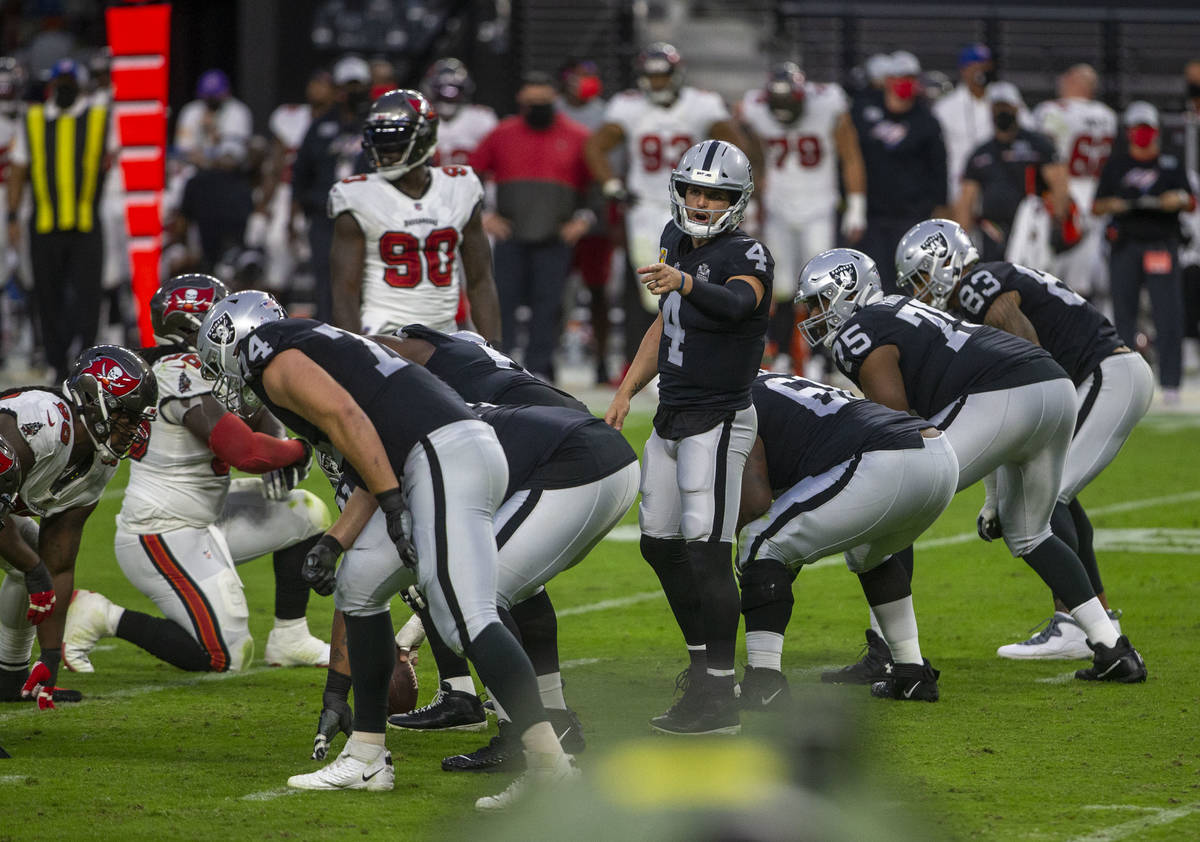 Las Vegas Raiders quarterback Derek Carr (4) points as he yells from the line of scrimmage duri ...
